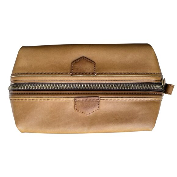 VTG Leather Cowhide Toiletry Travel Bag Dopp Kit Tan Expandable Vinyl Lining - Picture 1 of 14